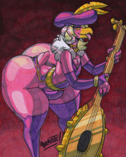 4_fingers abstract_background anthro arm_warmers armwear beak bedroom_eyes bent_over beret big_bulge big_butt blonde_hair blush blush_lines bottom_heavy bubble_butt bulge butt claws clothing eyelashes eyeshadow feathers femboy finger_claws fingers glistening glistening_body glistening_butt glistening_feathers glistening_legs hair hat headgear headwear huge_butt huge_hips huge_thighs leaning leaning_forward legwear leotard looking_at_viewer lute makeup male multicolored_hair musical_instrument narrowed_eyes pink_body pink_feathers pink_hair plucked_string_instrument purple_arm_warmers purple_armwear purple_clothing purple_eyeshadow purple_legwear purple_leotard purple_thigh_highs red_eyes scut_tail seductive short_tail smile solo string_instrument tail text thick_thighs thigh_highs tongue tongue_out two_tone_hair wide_hipped_anthro wide_hipped_male wide_hips yellow_sclera parasitedeath kings_of_hell ipos_(kings_of_hell) accipitriform avian bird demon vulture 2025 absurd_res artist_name graphite_(artwork) hi_res marker_(artwork) signature traditional_media_(artwork)