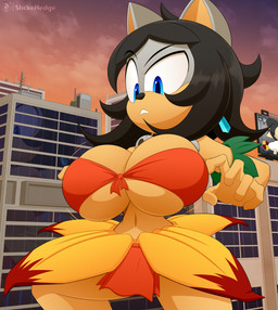 anthro big_breasts black_hair blue_eyes breast_expansion breasts city city_background clothed clothing expansion female grass_skirt hair huge_breasts jewelry macro skimpy solo voluptuous_female slickehedge jungle_de_ikou makia mii_(jungle_de_ikou) eulipotyphlan hedgehog mammal hi_res
