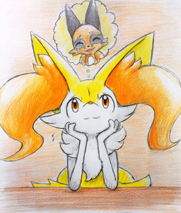 :3 ambiguous_anthro ambiguous_feral ambiguous_gender anthro bodily_fluids duo eyebrows feral flying_sweatdrops head_in_hands looking_up open_:3 open_mouth open_smile raised_inner_eyebrows simple_background smile snout solo_focus sweat sweatdrop thought_bubble eiroru nintendo pokemon braixen canid generation_6_pokemon generation_8_pokemon mammal nickit pokemon_(species) 2019 colored_pencil_(artwork) graphite_(artwork) hi_res japanese_description traditional_media_(artwork) translated_description