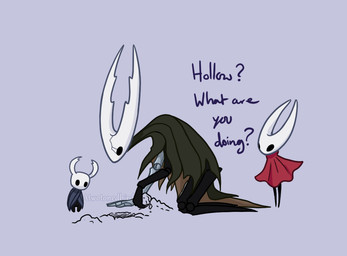 2_horns ambiguous_gender anthro biped black_body black_eyes blue_cloak blue_clothing cloak clothing cracked_skin dialogue dirt empty_eyes facial_scar grey_background grey_cloak grey_clothing group horn kneeling looking_at_another looking_down mouthless prosthetic prosthetic_arm prosthetic_limb question_mark red_cloak red_clothing scar simple_background size_difference talking_to_another text trio white_body white_horn atwotonedbird hollow_knight_(franchise) team_cherry hollow_knight_(character) hornet_(hollow_knight) the_knight_(hollow_knight) arachnid arthropod spider vessel_(species) 2026 artist_name digital_drawing_(artwork) digital_media_(artwork) english_text watermark female_(lore) half_sister_(lore) sibling_(lore)