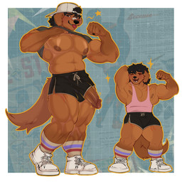 anthro athletic_wear backwards_hat belly biceps big_muscles big_pecs bodily_fluids bottomwear chibi clothed clothing clothing_lift duo erection flexing flexing_bicep footwear fur genital_fluids genitals glans gym_bottomwear gym_shorts hair hat headgear headwear huge_pecs humanoid_genitalia humanoid_penis male moobs muscular muscular_anthro muscular_male nipples pecs penis penis_poking_out shirt shirt_lift shoes shorts simple_background smile sneakers socks sportswear tail tank_top topwear oboii canid canine canis domestic_dog mammal 1:1 digital_media_(artwork) hi_res