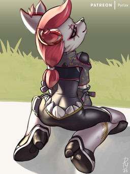 anthro armor bodysuit butt clothing facial_scar female fur greaves hair inner_ear_fluff kneeling looking_at_viewer looking_back outside pink_hair ponytail rear_view scar skinsuit smile solo tight_clothing tuft white_body white_fur conditional_dnp pyriax epic_games fortnite kimiko_five-tails canid canine fox mammal 2025 3:4