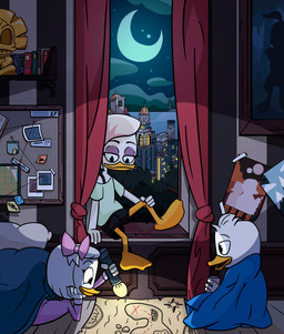 beak clothing female group lamp lantern male map moon night trio hazegazer disney ducktales ducktales_(2017) dewey_duck lena_(ducktales) webby_vanderquack anatid anseriform avian bird duck hi_res cousins_(lore)