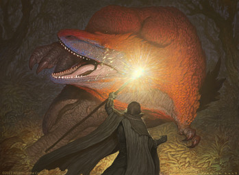 ambiguous_gender cape claws clothing duo feathers feral forest holding_object holding_staff magic open_mouth plant red_body red_feathers size_difference staff teeth tree john_tedrick hasbro magic:_the_gathering wizards_of_the_coast dinosaur feathered_dinosaur feathered_scalie human mammal prehistoric_species reptile saurischian scalie theropod 2023 absurd_res hi_res official_art