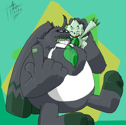 ahoge anthro black_body black_fur bolo_tie chest_tuft claws duo eyewear fur glasses grin hair hair_over_eyes horn long_ears male size_difference smile tuft heibanhikaru bandai_namco digimon angoramon digimon_(species) gammamon scalie absurd_res hi_res