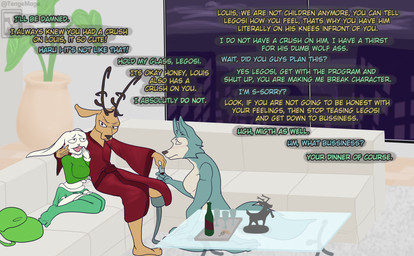 amputee anthro antlers blush cheek_pinch clothing disability female furniture group horn kneeling male prosthetic prosthetic_leg prosthetic_limb robe smug sofa text trio window tenge_mage beastars haru_(beastars) legoshi_(beastars) louis_(beastars) canid canine canis deer lagomorph leporid mammal rabbit wolf absurd_res comic english_text hi_res