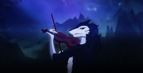ambiguous_gender anthro biped black_body black_fur blue_eyes bow_(stringed_instrument) bowed_string_instrument fur holding_object landscape looking_at_viewer musical_instrument night outside playing_music playing_violin rear_view sky solo standing string_instrument violin white_body white_fur gd paladiu felid mammal sergal 2015 digital_media_(artwork) gimp_(artwork) hi_res