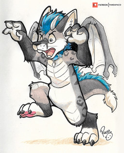 anthro blue_eyes blue_hair claws finger_claws fur glistening glistening_eyes grey_body grey_fur grey_tail hair head_tuft horn male membrane_(anatomy) membranous_wings open_mouth pouch_(anatomy) simple_background solo tail teeth toe_claws tuft whiskers white_background white_body white_fur white_horn white_tail white_wings wings young young_anthro young_male pandapaco hybrid species_request