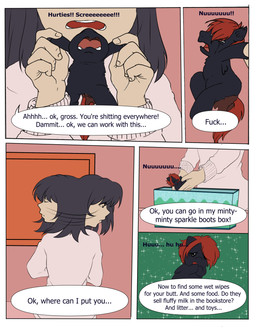 ambiguous_feral ambiguous_gender baby_talk black_body black_fur black_hair bodily_fluids box clothed clothed_human clothing container crying dialogue duo feces female female_human feral fur hair lifting_another neonate open_mouth pain pink_clothing pink_sweater pink_topwear pooping red_hair red_tail simple_background speech_bubble sweater tail tan_body tan_skin tears text tongue topwear young young_ambiguous young_feral alice_621 fluffy_pony fluffy_pony_(species) human mammal 2026 absurd_res comic digital_media_(artwork) english_text flat_colors hi_res