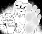 4_toes anthro black_nose bodily_fluids dialogue feet female fingers foot_fetish foot_focus humanoid_feet looking_at_viewer mommy_kink plantigrade soles solo speech_bubble sweat text toes xtreme7 sega sonic_the_hedgehog_(series) vanilla_the_rabbit lagomorph leporid mammal rabbit 2022 5:4 digital_media_(artwork) english_text hi_res monochrome