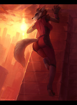 5_fingers anthro athletic athletic_anthro athletic_female belt biped black_bars black_nose breasts building butt butt_pose city clothed clothing day detailed_background digitigrade ears_back eyes_closed female fingers fur gloves grey_body grey_fur hair handwear humanoid_hands inner_ear_fluff outside pivoted_ears pose rear_view shadow short_hair sky snout solo sunset tuft juliathedragoncat canid canine mammal 2017 full-length_portrait hi_res letterbox portrait signature warm_colors