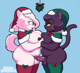 anthro balls black_body black_fur bodily_fluids bow_ribbon breast_squish breasts breasts_frottage christmas_clothing christmas_headwear clothing dripping duo erection frottage fur genital_fluids genitals gynomorph gynomorph/gynomorph hat headgear headwear holidays inner_ear_fluff intersex intersex/intersex mistletoe mostly_nude penile penis penises_touching plant precum precum_drip saliva saliva_string santa_hat sex slightly_chubby slightly_chubby_gynomorph slightly_chubby_intersex squish tuft whiskers white_body white_fur fluffygirlfriend christmas bobby_(fluffy_gf) lilith_(fluffygirlfriend) canid canine canis domestic_cat domestic_dog felid feline felis mammal nordic_sled_dog samoyed spitz hi_res trans_(lore) trans_woman_(lore)
