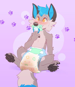 anthro blue_hair diaper feces fur grey_body grey_fur hair male object_in_mouth pacifier pacifier_in_mouth pawpads pooping soiled_diaper soiling soiling_diaper solo unclean_diaper used_diaper using_diaper dracky kynowolf canid canine canis mammal wolf hi_res