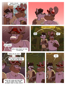 anthro antlers arm_hair beard body_hair bottomwear chest_hair clothing day dialogue duo entwined_arms eyewear facial_hair forest glasses half-closed_eyes hat headgear headwear horn kiss_on_lips kissing looking_at_another male male/male male_anthro narrowed_eyes offering_to_another outside pants plant propositioning shirt smile speech_bubble spiral spiral_eyes sub_sandwich sweatpants tank_top text topwear tree nardodraws leo_(nardodraws) rodney_(nardodraws) canid canine canis deer mammal moose new_world_deer wolf comic english_text hi_res
