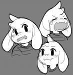 ambiguous_gender anthro blush freckles fur kemono long_ears multiple_poses pose smile solo white_body white_fur young young_ambiguous young_anthro devichonee undertale undertale_(series) asriel_dreemurr boss_monster_(undertale) bovid caprine mammal 2017 monochrome male_(lore)