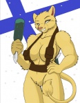 amber_eyes anthro big_breasts bottomless breasts clothed clothing droll3 felid female finland finnish_flag fur hi_res improvised_weapon katriina_(droll3) lion mammal molotov_cocktail naturally_censored pantherine parody pink_nose smile solo tail tail_tuft teeth tuft world_war world_war_2