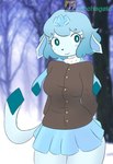 anthro anthrofied bottomwear breasts clothed clothing coat female furgonomics hair plant pokemorph skirt snow solo tail tail_through_skirt topwear tree mochagato nintendo pokemon eeveelution generation_4_pokemon glaceon humanoid pokemon_(species) hi_res