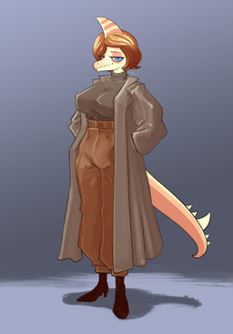 anthro big_breasts blue_eyes bone_frill boots bottomwear breasts brown_bottomwear brown_clothing brown_pants clothed clothed_anthro clothed_female clothing coat female footwear frill_(anatomy) front_view grey_background grey_clothing grey_shirt grey_topwear half-closed_eyes hand_in_pocket high_heeled_boots high_heels looking_at_viewer markings narrowed_eyes nipple_outline non-mammal_breasts orange_body pants pockets shadow shirt shoes simple_background smile solo spiked_tail spikes spikes_(anatomy) spots spotted_markings standing striped_markings stripes tail tan_body topwear trenchcoat alexsavenije cavemanon_studios i_wani_hug_that_gator principal_scaler dinosaur oviraptor oviraptorid oviraptorosaur prehistoric_species reptile saurischian scalie theropod absurd_res colored full-length_portrait hi_res portrait shaded