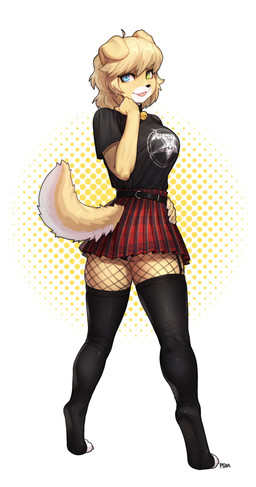 belt blep bottomwear breasts butt butt_pose clothing digitigrade dotted_background female fishnet_clothing fishnet_legwear fur gradient_background heterochromia legwear looking_back multicolored_body multicolored_fur pattern_background pleated_skirt pose print_clothing print_shirt print_t-shirt print_topwear shirt simple_background skirt stockings t-shirt tongue tongue_out topwear two_tone_body two_tone_fur pgm300 venom_(band) canid canine canis domestic_dog mammal 2022 absurd_res hi_res signature