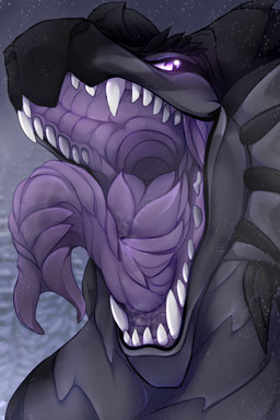black_body black_horn cheek_frill fangs forked_tongue front_view glistening glistening_eyes grey_body grey_frill horn male mouth_shot narrowed_eyes open_mouth open_smile outside plant purple_eyes purple_tongue smile snow snowing solo teeth tongue tree unsigned unusual_anatomy unusual_tongue santanahoffman mythology dragon mythological_creature mythological_scalie scalie 2:3 absurd_res bust_portrait hi_res portrait