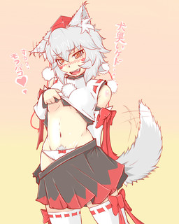 :d armwear black_bottomwear black_clothing black_skirt blush blush_stickers bottomwear bow_panties bow_underwear breasts clothed clothing clothing_lift detached_sleeves dipstick_tail ear_twitch female gradient_background grey_hair grey_pubes grey_tail hair hat headgear headwear heart_symbol legwear looking_at_viewer markings midriff motion_lines naughty_face navel orange_eyes panties pubes red_clothing red_hat red_headwear shirt shirt_lift simple_background skirt small_breasts smile solo tail tail_markings tail_motion tailwag thigh_highs tokin_hat topwear underwear white_clothing white_legwear white_panties white_shirt white_tail_tip white_thigh_highs white_topwear white_underwear cube85 touhou momiji_inubashiri animal_humanoid canid canid_humanoid canine canine_humanoid humanoid mammal mammal_humanoid wolf_humanoid 4:5