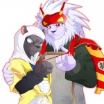 5_fingers anthro arm_around_shoulders beard blush clothed clothing duo facial_hair fingers fur furgonomics gesture grey_body grey_fur hair hood leucistic male outline raised_finger raised_pinky red_eyes red_string_of_fate simple_background whiskers white_background white_body white_fur white_hair yellow_eyes たいちろう bemani konami pop'n_music kanenobu_(pop'n_music) shishiwaka_(pop'n_music) felid lion mammal pantherine 1:1