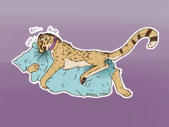ambiguous_gender bite bodily_fluids collar feral fur genital_fluids grinding markings masturbation onomatopoeia paws pillow pillow_bite pillow_humping solo sound_effects spots spotted_body spotted_fur tail text yellow_eyes nivalis_(artist) alire_(nivalis) cheetah felid feline mammal 4:3 hi_res
