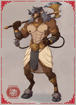 abs anthro axe biceps brown_body brown_fur clothing forearm_muscles fur gold_(metal) gold_jewelry greek green_eyes grey_hair hair hooved_toes hooves horn jewelry male muscular muscular_anthro muscular_male navel nipples obliques pecs quads serratus smile solo tail tail_tuft tuft ottobum european_mythology greek_mythology mythology animal_humanoid bovid bovid_humanoid bovine bovine_humanoid horned_humanoid humanoid mammal mammal_humanoid minotaur absurd_res hi_res