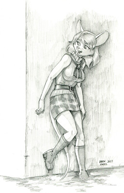 alternate_species anthro belt bottomwear breasts buckteeth clothing eyebrows female furrification hair leaning_on_wall open_mouth scarf short_hair skirt solo tail teeth thin_tail topwear baron_engel capcom resident_evil ashley_graham moushley house_mouse mammal mouse murid murine rodent 2023 9:14 graphite_(artwork) hi_res monochrome traditional_media_(artwork)
