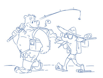 anthro backpack belly bottomwear clothed clothing cooler duo eyebrows eyewear fishing_rod food footwear hat head_tuft headgear headwear holding_object jewelry looking_at_another male navel necklace popsicle raised_eyebrows sandals shoes shorts simple_background sleeping slightly_chubby smile straw_hat sunglasses swimwear topless towel tuft umbrella walking eclipticafusion activision banjo-kazooie crash_bandicoot_(series) rareware banjo_(banjo-kazooie) crash_bandicoot kazooie avian bandicoot bear breegull mammal marsupial 2021 4:3 blue_and_white monochrome sketch