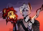 ambiguous_gender anthro blood blood_in_mouth blood_on_clothing blood_on_face bodily_fluids clothing death decapitation freckled_face freckles gore hair knight melee_weapon nosebleed pink_eyes red_hair sky skyscape solo sword warrior weapon kolkolukija canid canine canis felid feline lion mammal pantherine wolf
