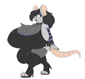 alternative_fashion anthro armwear big_breasts black_clothing black_footwear black_hair black_high_heels boots breasts bulge clothing collar ear_piercing ear_ring fishnet_clothing footwear fur goth grey_body grey_fur gynomorph hair high_heeled_boots high_heels holding_object huge_breasts intersex legwear nipple_outline pattern_armwear pattern_clothing piercing ring_piercing shoes shortstack shortstack_gynomorph shortstack_intersex simple_background solo striped_armwear striped_clothing stripes tail thigh_boots thigh_highs walking white_background robertge mammal rodent 2022