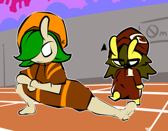 annoyed anthro brown_hair clothing duo female green_hair hair jumpsuit long_hair outside racetrack racing_uniform shell_hat size_difference stretching tan_body tan_skin white_eyes yellow_body yellow_skin thefablednekos spiral_stream_derby cocoa-bon tango_(thefablednekos) gastropod mollusk snail hi_res