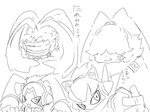 :3 anthro belt duo electronics hair hair_over_eyes headphones long_ears male ponytail_ears sketchy text visor mkz_kabeuchi bandai_namco digimon angoramon appmon_(species) digimon_(species) musimon 4:3 hi_res japanese_text monochrome