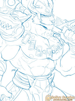 5_fingers anthro armor barazoku fingers grin male patreon_logo simple_background smile solo standing text weapon white_background sollyz league_of_legends patreon riot_games tencent nasus_(lol) canid canine canis mammal wolf 2017 3:4 digital_drawing_(artwork) digital_media_(artwork) hi_res signature sketch url