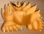 5_toes absurd_res anthro canid canine claws featureless_crotch feet foot_focus fox fox_spirit hi_res humanoid humanoid_feet icarozilla kurama male mammal naruto plantigrade sitting sitting_on_ground soles solo tailed_beast toes yin-kurama