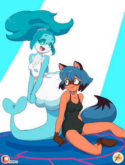 5_toes anthro barefoot black_tail_tip breasts cleavage clothed clothing dipstick_tail duo feet female hair markings multicolored_tail one-piece_swimsuit open_mouth plantigrade ponytail smile swimwear tail tail_markings toes furboz brand_new_animal studio_trigger michiru_kagemori nina_flip aquatic canid canine cetacean dolphin mammal oceanic_dolphin raccoon_dog tanuki toothed_whale unavailable_at_source