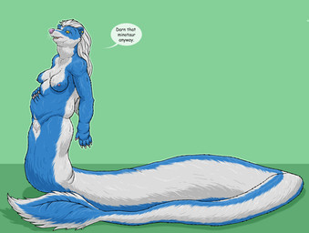 after_vore anthro apode blue_body blue_fur breasts dialogue fat_rolls female female_anthro fully_inside fur genitals green_background hair hand_on_belly legless nipples nude nude_anthro nude_female overweight overweight_anthro overweight_female serpentine simple_background solo speech_bubble tail tail_tuft text tuft vore vulva white_body white_fur white_hair yellow_eyes strega uvuzi draconcopode hybrid mammal mephitid naga skunk english_text hi_res