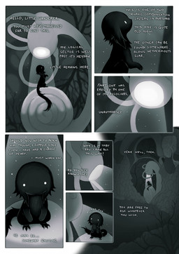 ambiguous_feral ambiguous_gender black_body black_fur black_tail border cochlea detailed_background dialogue duo feral fur greeting light looking_at_another monotone_body monotone_fur monotone_tail night onomatopoeia organs plant semi-anthro sky sound_effects star starry_sky tail talking_to_another text tree white_border white_eyes white_text jejejunum fraid_(species) 2026 comic english_text hi_res