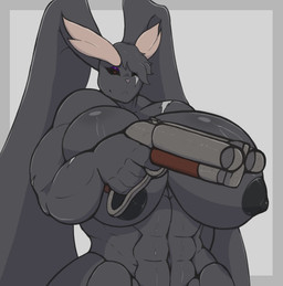 abs anthro areola big_breasts biped breasts eyelashes female fingers glistening glistening_body gun holding_gun holding_object holding_ranged_weapon holding_weapon huge_breasts muscular muscular_female nipples nude pupils ranged_weapon solo weapon amadchief nintendo pokemon generation_4_pokemon lopunny pokemon_(species) absurd_res hi_res