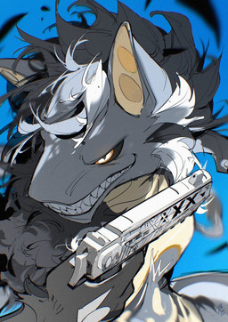 anthro black_hair black_sclera blue_background blue_body blue_fur blue_hair closed_smile countershade_arms countershade_torso countershading fangs front_view fur gums gun hair handgun head_turned holding_gun holding_handgun holding_object holding_pistol holding_ranged_weapon holding_weapon looking_aside male mouth_closed orange_eyes pistol pupils ranged_weapon ringed_iris simple_background slit_pupils smile solo tail tail_tuft tan_body tan_countershading tan_inner_ear teeth toothy_grin tuft weapon white_eyes white_hair chiayeeee unknown_species 2025 digital_drawing_(artwork) digital_media_(artwork) half-length_portrait portrait signature