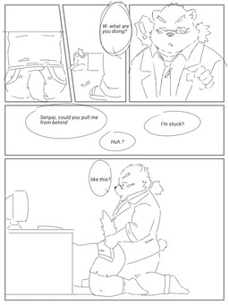 accessory anthro butt clothing computer duo electronics eyewear glasses humanoid_hands male necktie overweight overweight_male shirt text topwear pie_furry lifewonders tokyo_afterschool_summoners cu_sith_(tas) leib_(tas) bear canid canine canis domestic_dog mammal polar_bear ursine 2020 3:4 comic english_text monochrome
