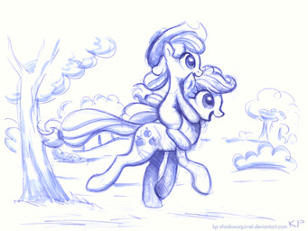 clothing cowboy_hat cutie_mark duo female feral happy hat headgear headwear outside plant quadruped riding running shrub smile straddling tail tree wood young young_feral karol_pawlinski friendship_is_magic hasbro my_little_pony apple_bloom_(mlp) applejack_(mlp) earth_pony equid equine horse mammal pony 4:3 sketch