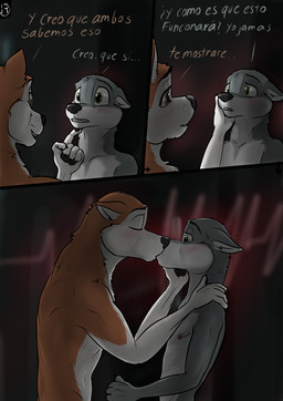anthro areola biped brown_eyes dialogue duo ears_back ears_up eye_contact eyes_closed green_eyes kiss_on_lips kissing looking_at_another male male/male male_anthro nipples pivoted_ears seductive text touching_face wolfyalex96 alex_(wolfyalex96) leo_(wolfyalex96) alaskan_malamute canid canine canis domestic_dog mammal nordic_sled_dog spitz wolf hi_res spanish_text translation_check translation_request