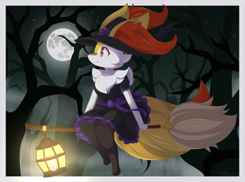 anthro broom broom_riding cleaning_tool clothed clothing dress female fur lamp lantern magic_user moon night solo white_body white_fur witch yellow_body yellow_fur braixenchris faiachris nintendo pokemon braixen generation_6_pokemon pokemon_(species) absurd_res hi_res