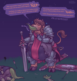 4_fingers ambiguous_gender anthro armor arrow_(weapon) belly big_belly blush bodily_fluids breasts brown_body brown_fur brown_hair butt chainmail dialogue eyes_closed female fingers fur grass group hair horn melee_weapon night outside pauldron plant plate_armor ranged_weapon scabbard shield standing star sweat sweatdrop sword tail text vore weapon keffotin athena_(better_devils) bovid bovine cattle mammal scalie 2021 digital_media_(artwork) english_text hi_res trans_(lore) trans_woman_(lore)