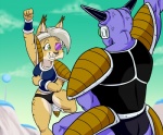 ambiguous_gender anthro armor battle_armor breasts clothed clothing cloud detailed_background duo eyebrows eyelashes female fur green_eyes hair happy horn male mountain outside sky striped_body striped_fur stripes teeth underwear vein white_hair lonbluewolf dragon_ball dragon_ball_z ebay captain_ginyu evay ginyu_force felid feline humanoid lynx mammal 2014 digital_media_(artwork)