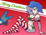 ambiguous_gender anthro black_body black_fur blue_body blue_eyes blue_fur blue_hair blush blush_lines bodily_fluids christmas_clothing clothing female fur hair holidays legwear lingerie merry_christmas pose stockings sweat tan_body tan_fur text underwear knight-of-syrinx christmas nintendo pokemon bailey_(knight-of-syrinx) canid canine generation_4_pokemon human lucario mammal pokemon_(species) 2023 4:3 digital_media_(artwork) english_text hi_res pinup