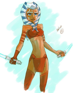 adolescent bandeau blue_eyes blue_lekku bottomwear clothed clothing crop_top female female_adolescent holding_object holding_weapon lightsaber loincloth melee_weapon midriff not_furry orange_body orange_skin shirt skimpy solo topwear tube_top weapon white_lekku young matius star_wars star_wars:_the_clone_wars ahsoka_tano alien humanoid togruta