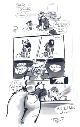 ambiguous_gender anthro cooking_pot dialogue fancy_clothing female feral fluffy fluffy_tail group living_room machine male pet_protogen rear_view tail text trio ravid_anml ghirr_firewire_mertens_(ravid_anml) nora_seulis_(ravid_anml) tobias_hecaucatl_(ravid_anml) american_opossum canid canine canis mammal marsupial protogen wolf absurd_res comic english_text hi_res monochrome sketch